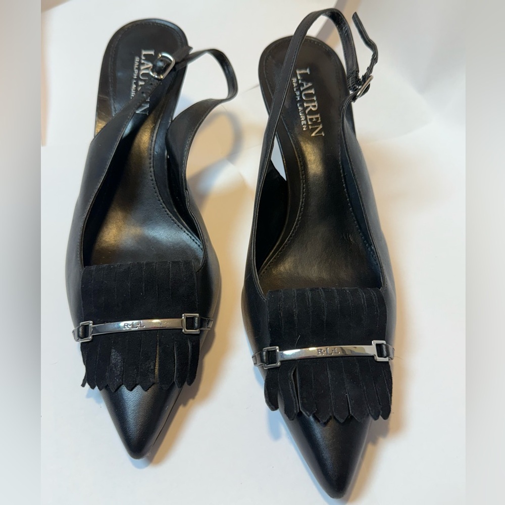 Black Leather Sling Backs by LAUREN RALPH LAUREN